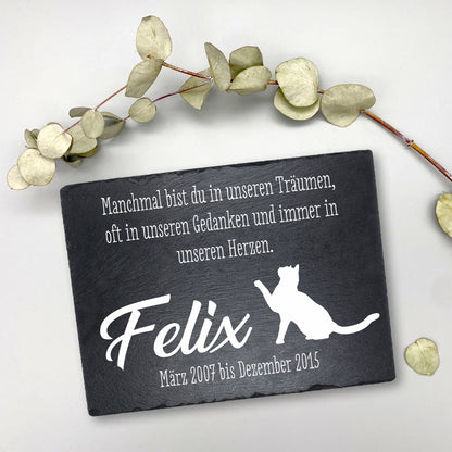 Gedenktafel personalisiert für Tiere aus Schiefer - Motiv "Träume & Gedanken – Katze"