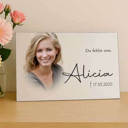Personalisiertes Gedenkschild mit Foto und Text - Aluverbundplatte 3 mm
