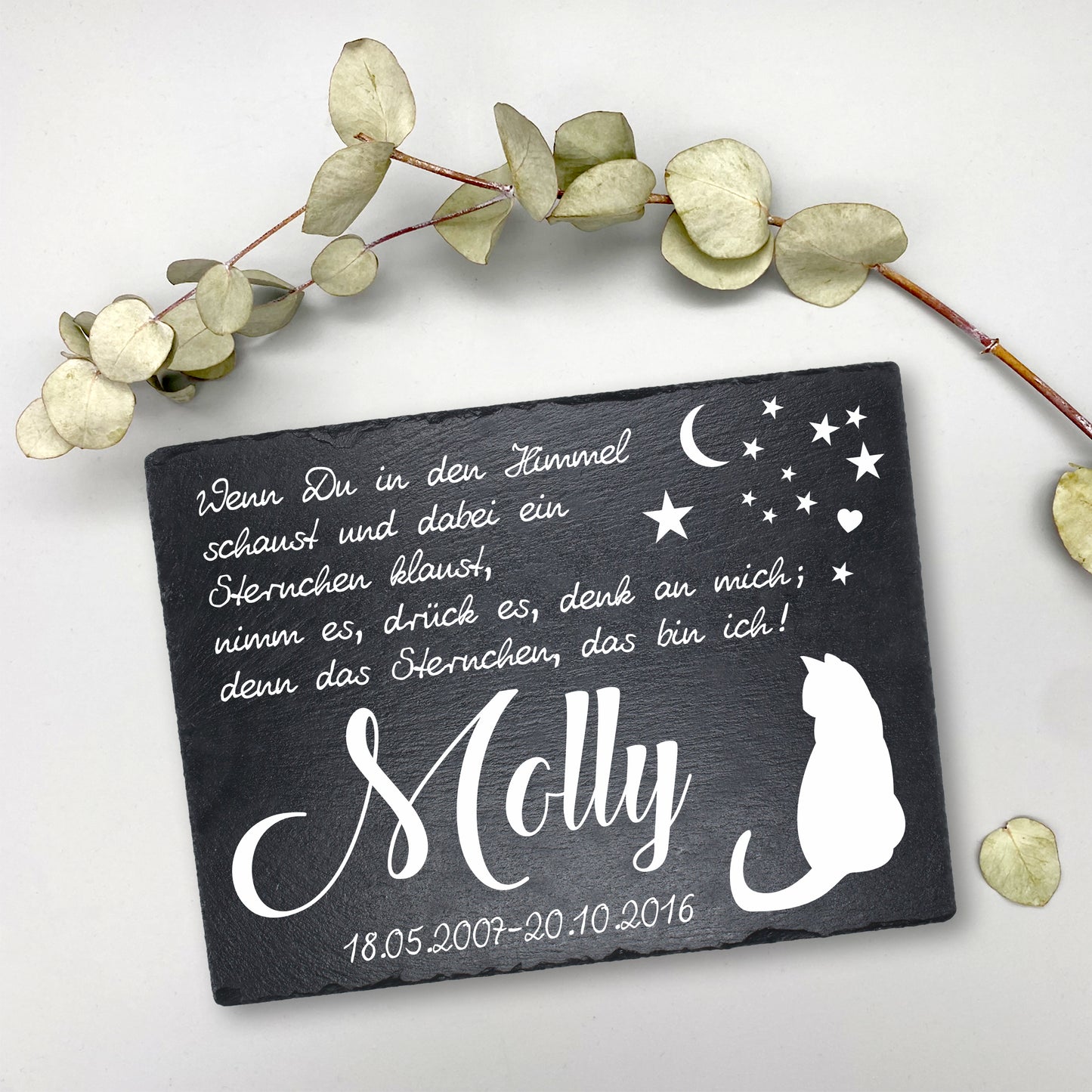 Gedenktafel personalisiert für Tiere aus Schiefer - Motiv "Katzenhimmel"