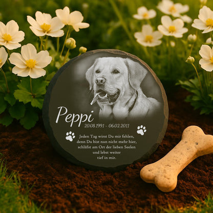 Tier Gedenktafel rund für Hund oder Katze personalisiert mit Foto-Gravur aus Schiefer
