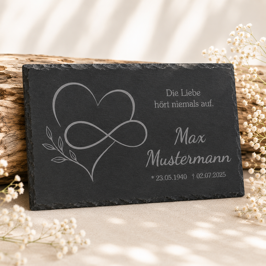 Personalisierte eckige Schiefertafel mit Namen & Datum – Gedenktafel mit Herz Unendlichkeit