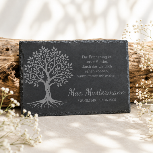 Personalisierte eckige Schiefertafel mit Namen & Datum – Gedenktafel mit Lebensbaum
