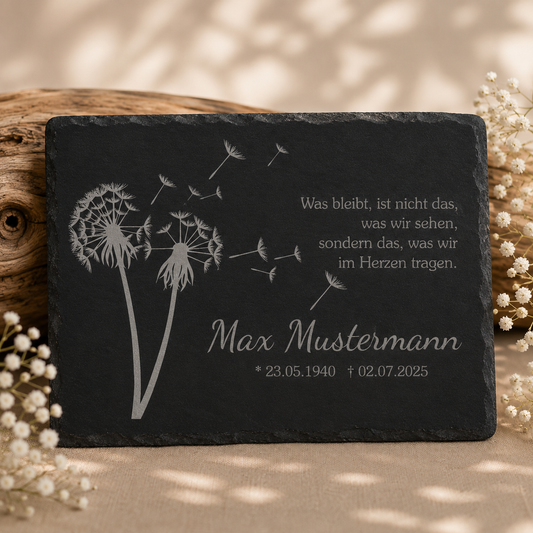 Personalisierte eckige Schiefertafel mit Namen & Datum – Gedenktafel mit Pusteblume