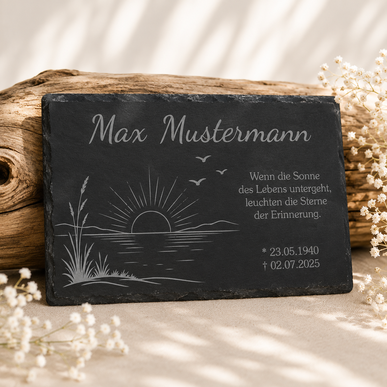 Personalisierte eckige Schiefertafel mit Namen & Datum – Gedenktafel mit Sonnenuntergang