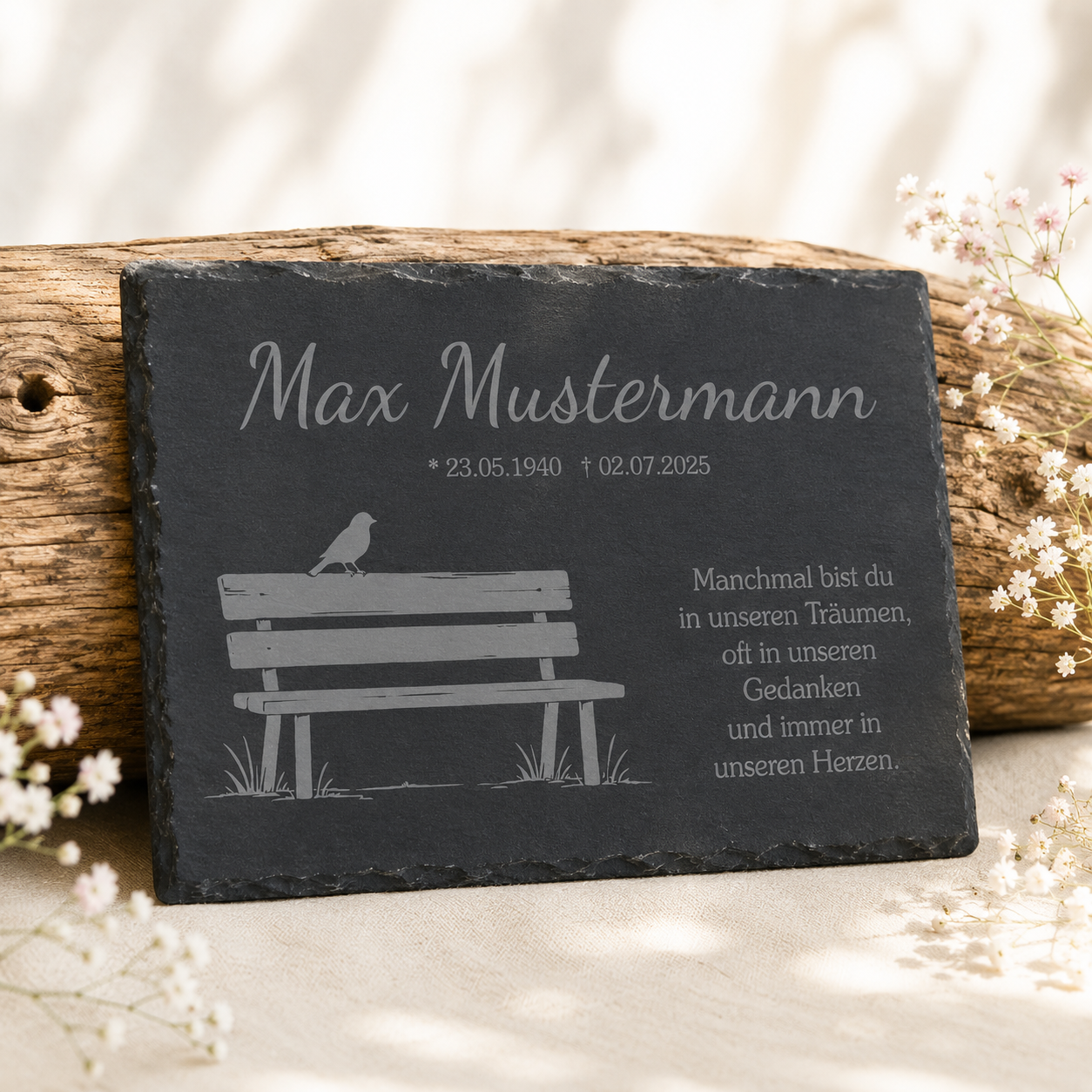 Personalisierte eckige Schiefertafel mit Namen & Datum – Gedenktafel mit Vogel