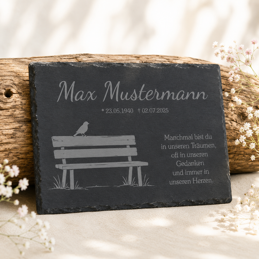 Personalisierte eckige Schiefertafel mit Namen & Datum – Gedenktafel mit Vogel