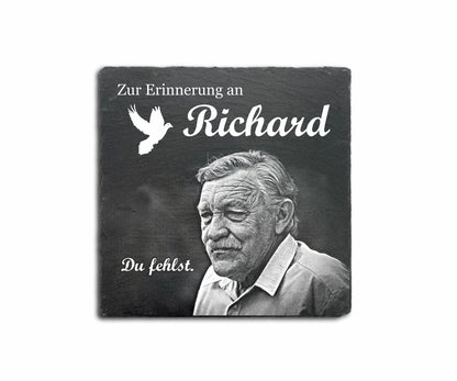 Eckige Gedenktafel personalisiert mit Foto und Wunschtext ab 13x13 cm