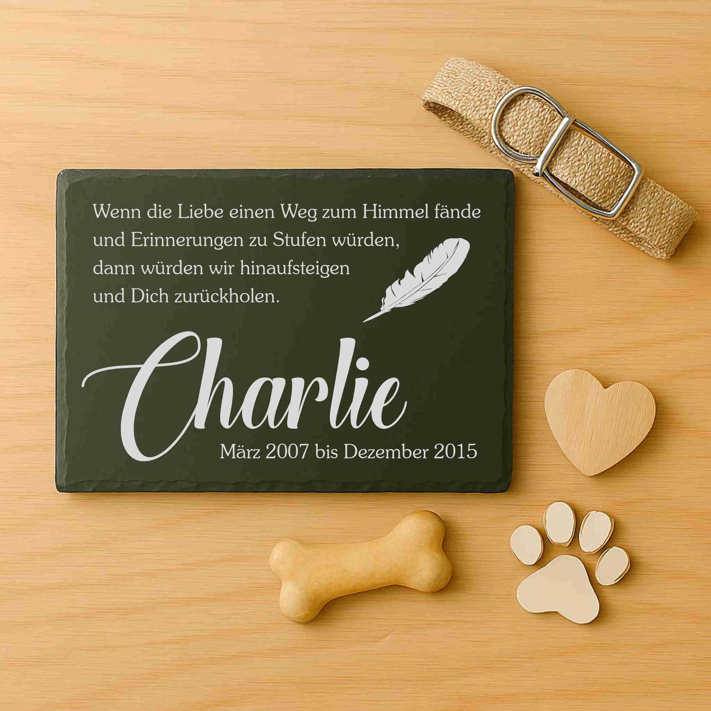 Gedenktafel personalisiert für Tiere aus Schiefer - Motiv "Feder"