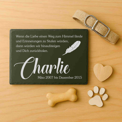 Gedenktafel personalisiert für Tiere aus Schiefer - Motiv "Feder"
