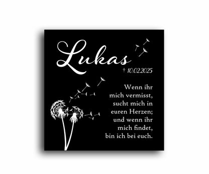 Gedenkschild personalisiert aus farbigem Acryl - Motiv "Pusteblume"