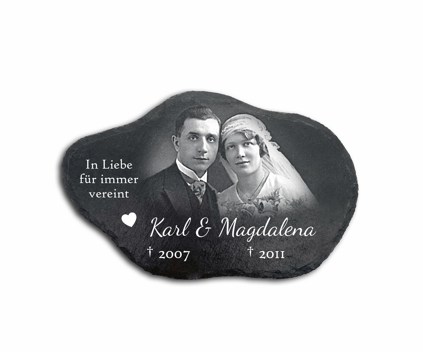 Grabschmuck aus Schiefer als Gedenktafel in Wolkenform personalisiert mit Foto