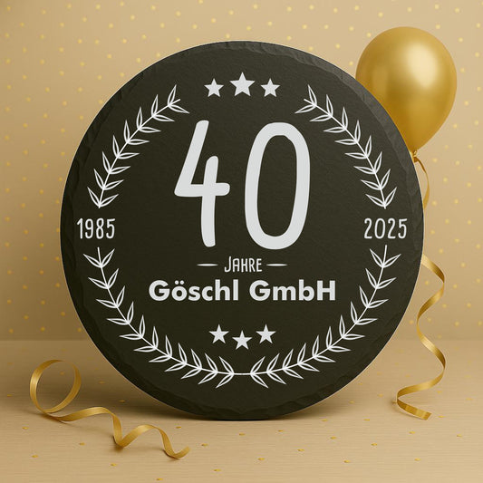 Personalisiertes Geschenk zum Jubiläum - runde Schiefertafel  – Firmenjubiläum und Jahrestag
