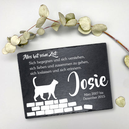 Gedenktafel personalisiert für Tiere aus Schiefer - Motiv "Alles hat seine Zeit – Katze"