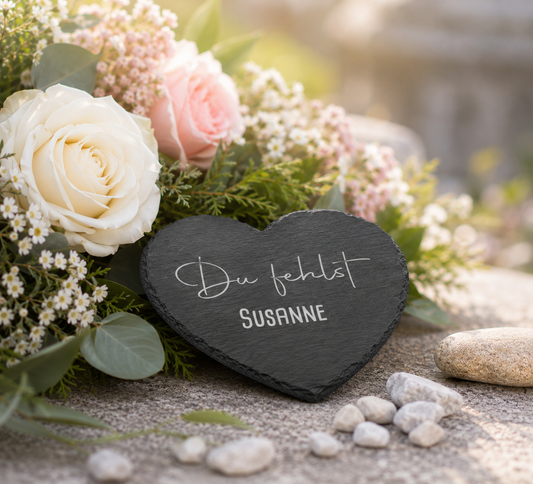 Kleine Schieferherzen mit Namen und Spruch personalisiert - "Du fehlst"