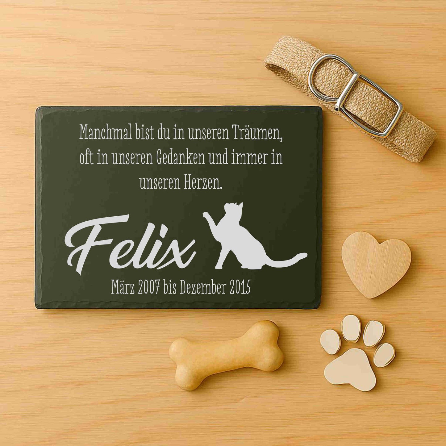 Gedenktafel personalisiert für Tiere aus Schiefer - Motiv "Träume & Gedanken – Katze"