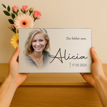 Personalisiertes Gedenkschild mit Foto und Text - Aluverbundplatte 3 mm
