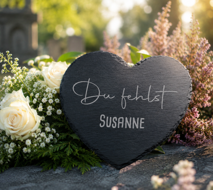 Kleine Schieferherzen mit Namen und Spruch personalisiert - "Du fehlst"