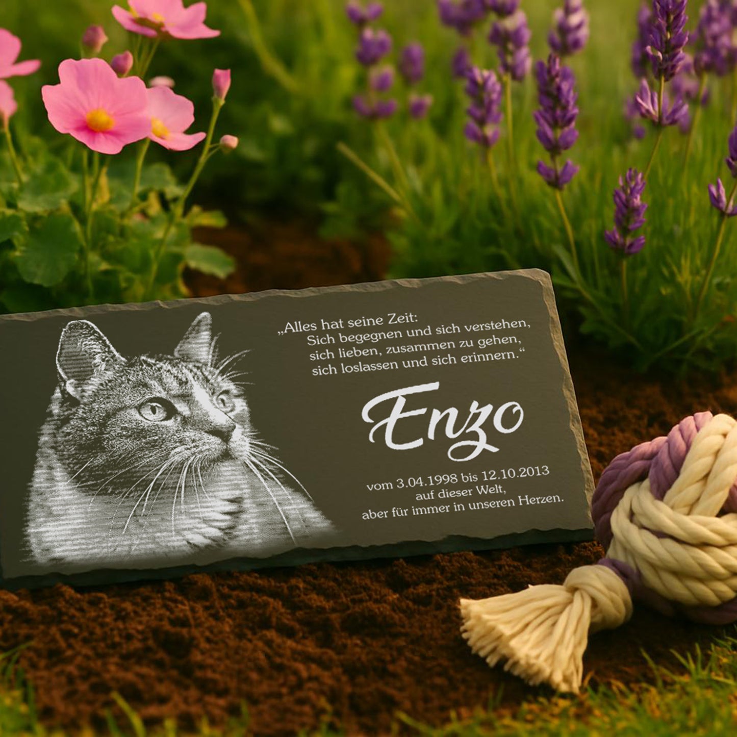 Tier Grabtafel eckig für Hund oder Katze personalisiert aus Schiefer mit Foto-Gravur