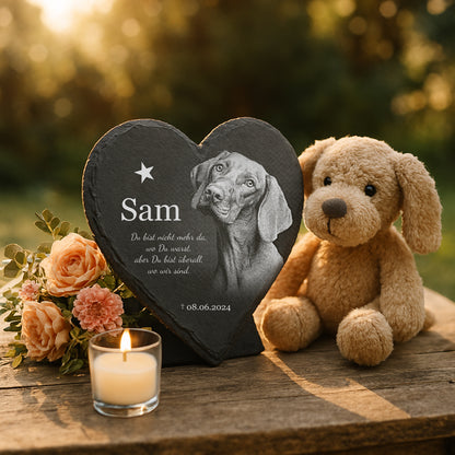 Tier Grabstein Herzform für Hund oder Katze personalisiert aus Schiefer mit Foto-Gravur