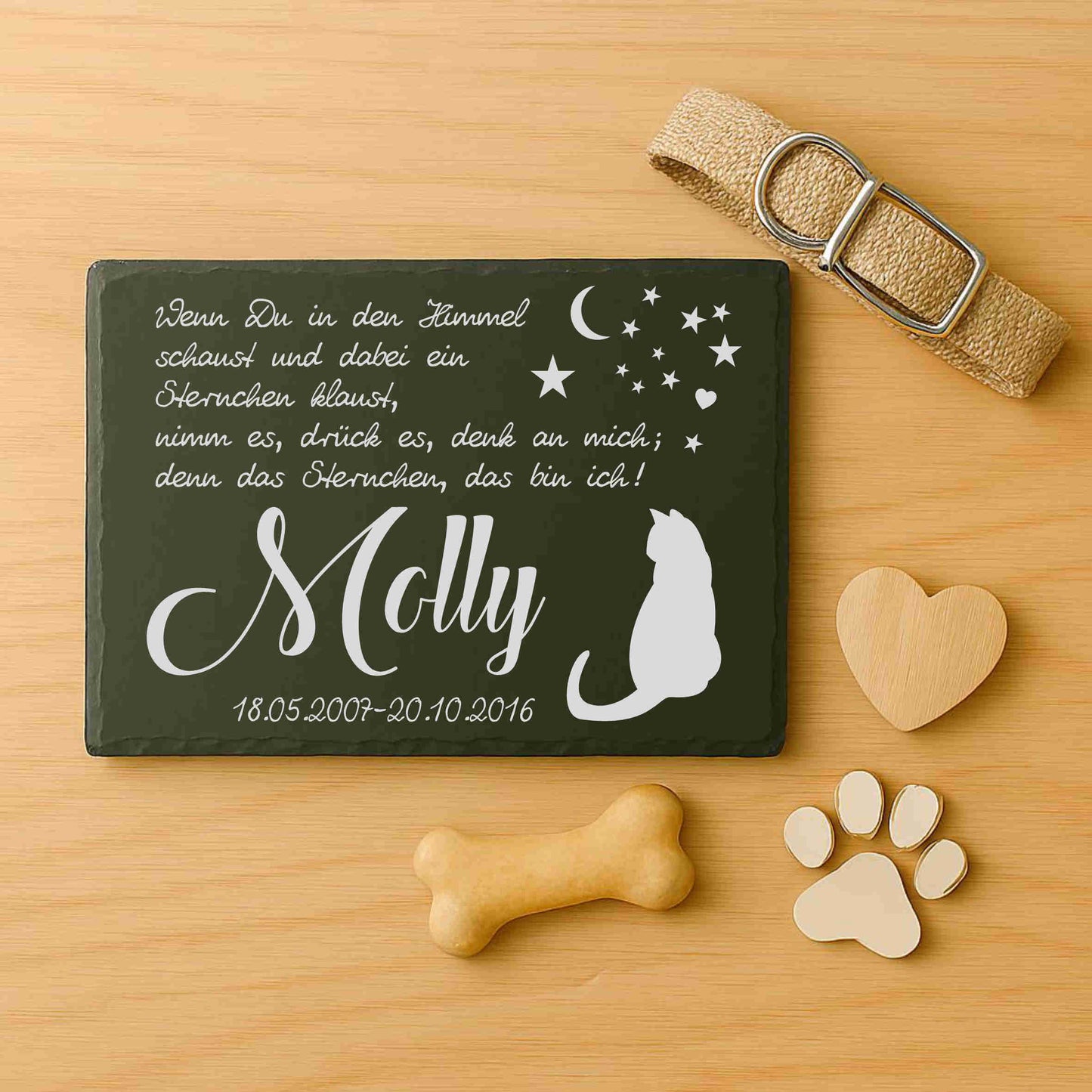 Gedenktafel personalisiert für Tiere aus Schiefer - Motiv "Katzenhimmel"
