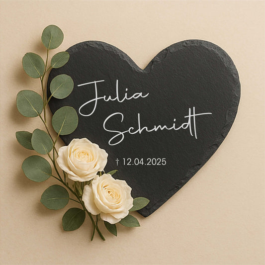 Personalisierte Herz-Schiefertafel mit Namen & Datum – Gedenktafel als Grabdekoration