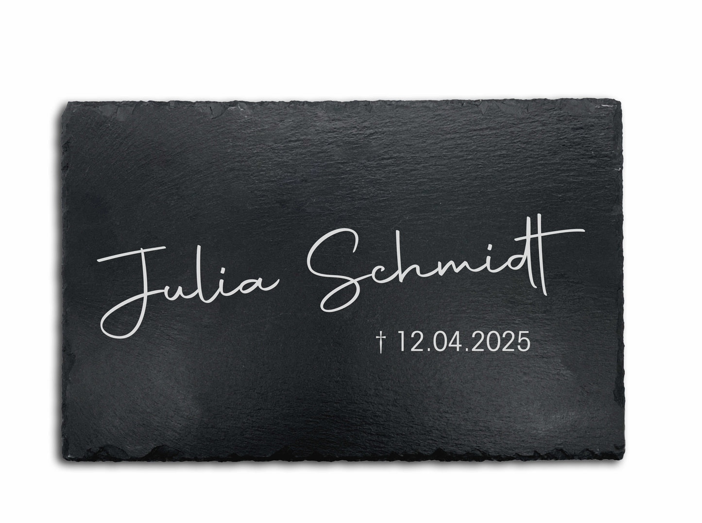 Personalisierte eckige Schiefertafel mit Namen & Datum – Gedenktafel als Grabdekoration