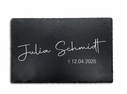 Personalisierte eckige Schiefertafel mit Namen & Datum – Gedenktafel als Grabdekoration