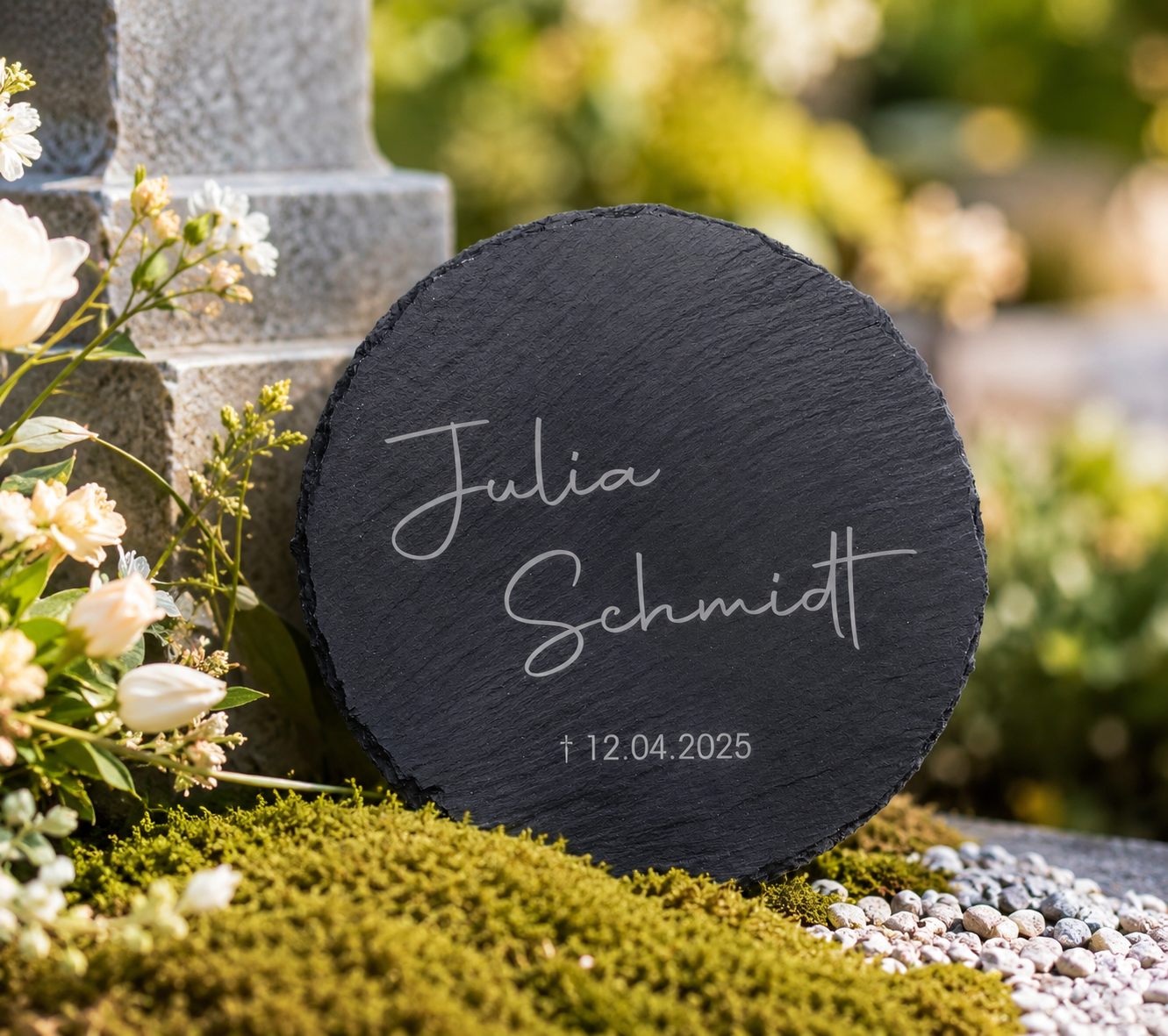 Personalisierte runde Schiefertafel mit Namen & Datum – Gedenktafel als Grabdekoration