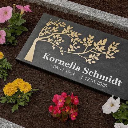 Grabstein personalisiert und elegant aus Schiefer mit Veredelung – 60×30 cm  – Motiv "Baum"