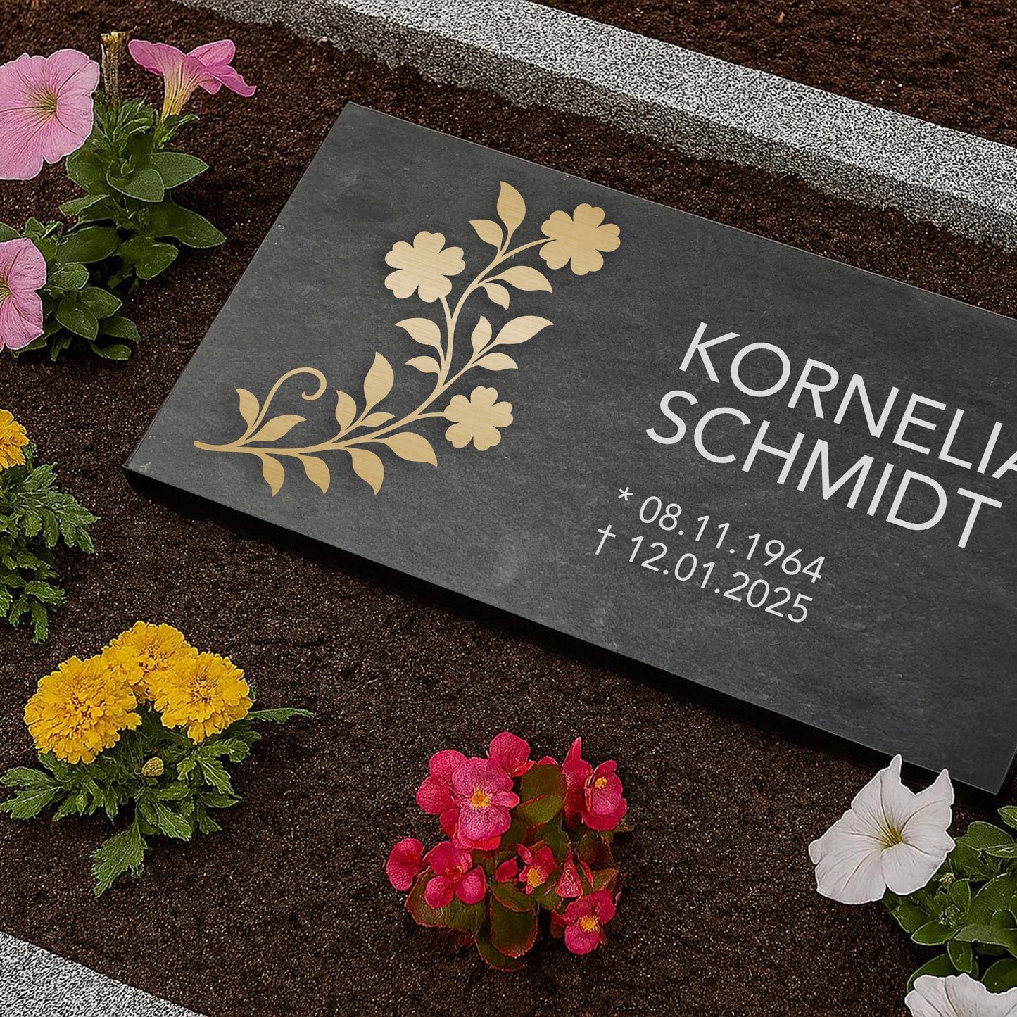 Grabstein personalisiert und elegant aus Schiefer mit Veredelung – 60×30 cm  – Motiv "Floral"