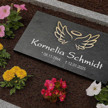 Grabstein personalisiert und elegant aus Schiefer mit Veredelung – 60×30 cm  – Motiv "Engel"