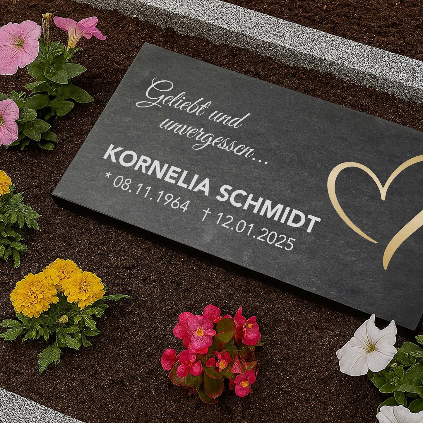 Grabstein personalisiert und elegant aus Schiefer mit Veredelung – 60×30 cm  – Motiv "Herz modern"
