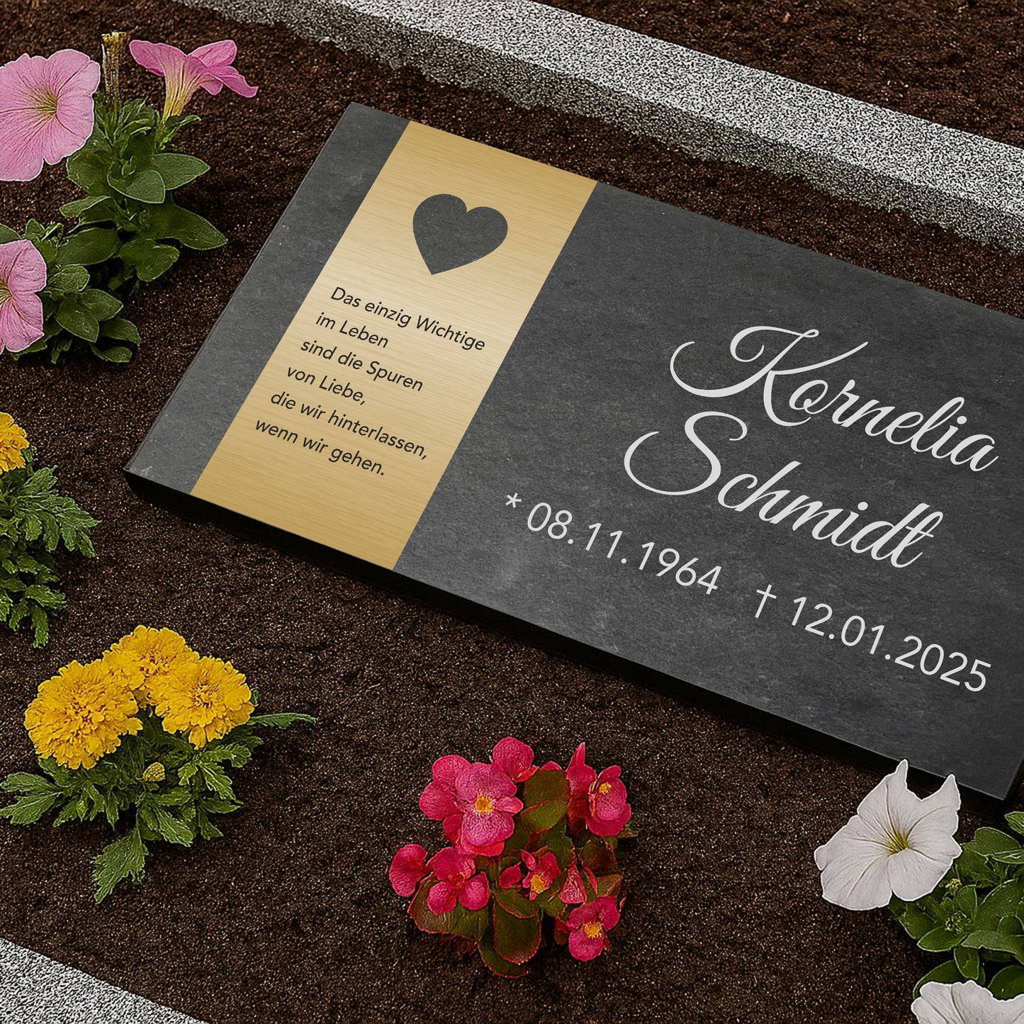Grabstein personalisiert und elegant aus Schiefer mit Veredelung – 60×30 cm  – Motiv "Herz"