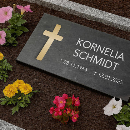 Grabstein personalisiert und elegant aus Schiefer mit Veredelung – 60×30 cm  – Motiv "Kreuz modern"