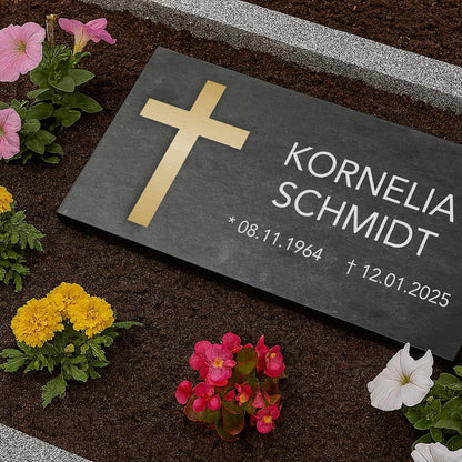 Grabstein personalisiert und elegant aus Schiefer mit Veredelung – 60×30 cm  – Motiv "Kreuz klassisch"
