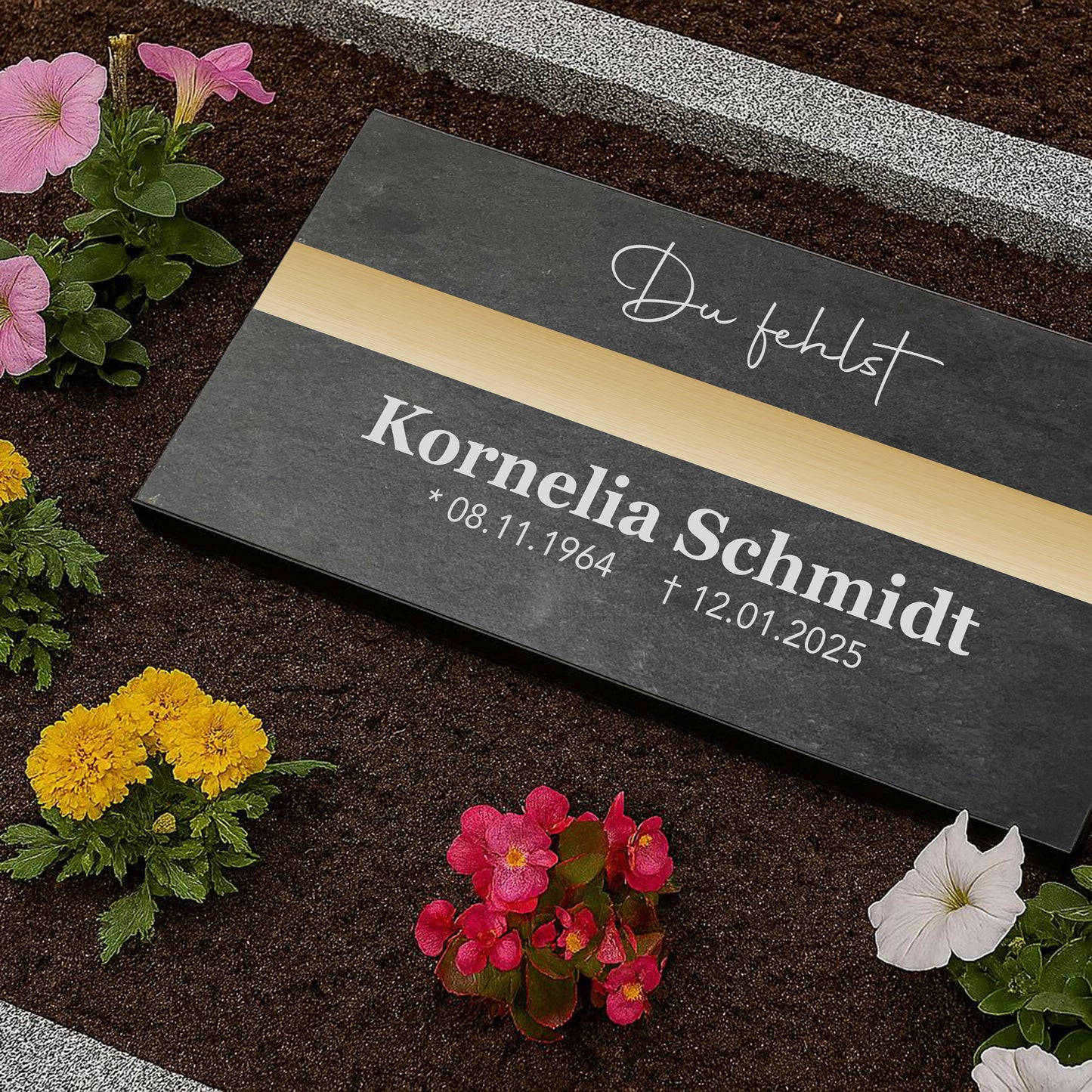 Grabstein personalisiert und elegant aus Schiefer mit Veredelung – 60×30 cm  – Motiv "Modern"