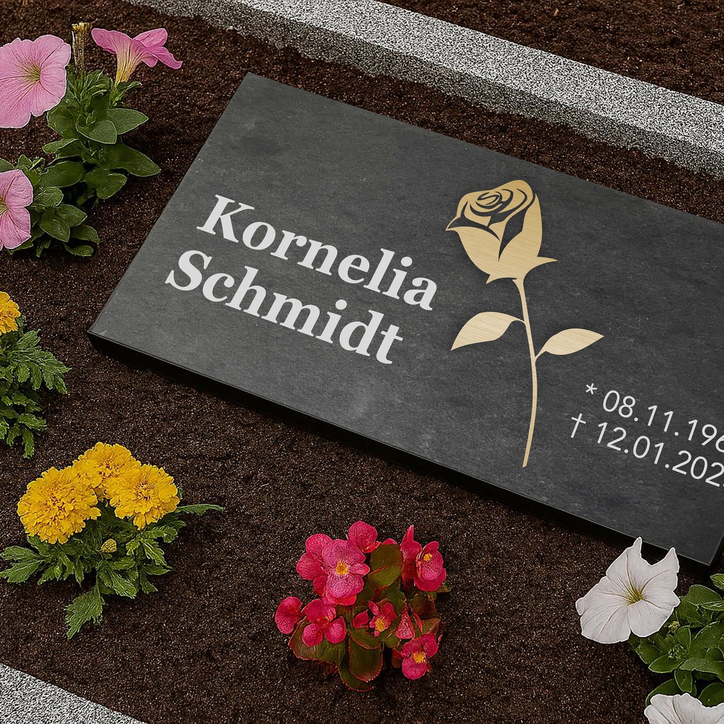 Grabstein personalisiert und elegant aus Schiefer mit Veredelung – 60×30 cm  – Motiv "Rose"