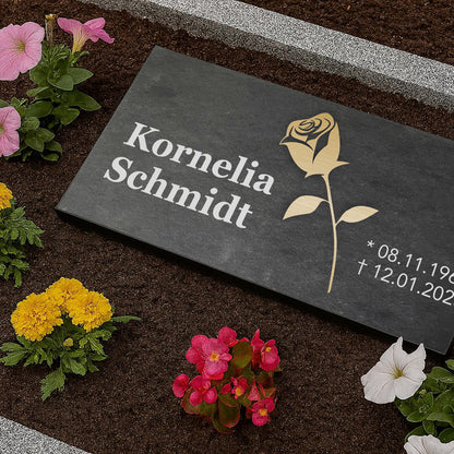 Grabstein personalisiert und elegant aus Schiefer mit Veredelung – 60×30 cm  – Motiv "Rose"