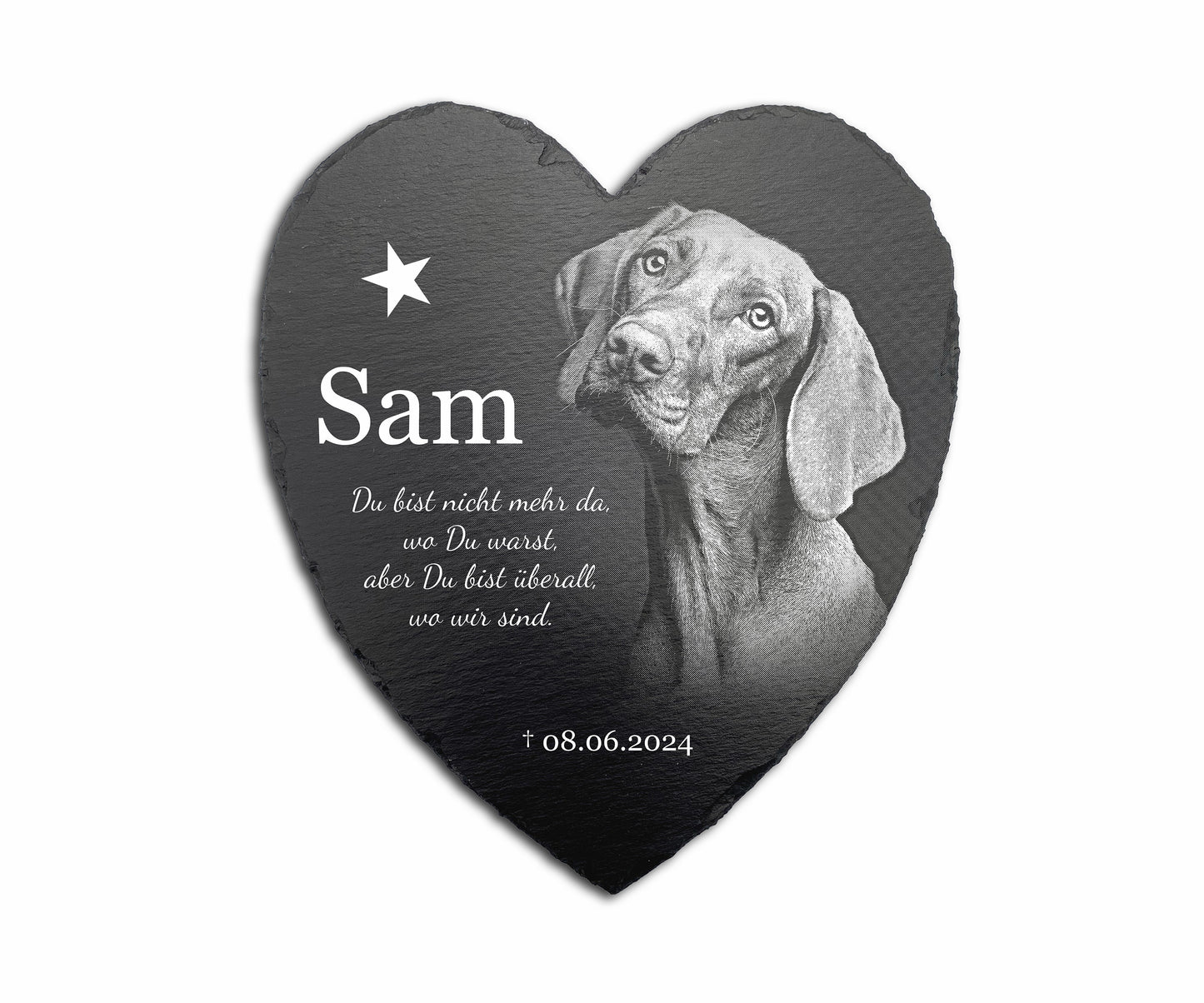Tier Grabstein Herzform für Hund oder Katze personalisiert aus Schiefer mit Foto-Gravur