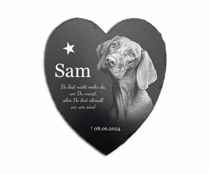 Tier Grabstein Herzform für Hund oder Katze personalisiert aus Schiefer mit Foto-Gravur