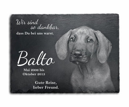 Tier Grabtafel eckig für Hund oder Katze personalisiert aus Schiefer mit Foto-Gravur