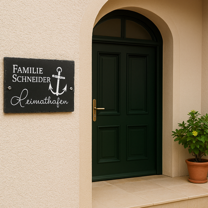 Türschild personalisiert mit Namen aus Schiefer - Motiv "Anker"