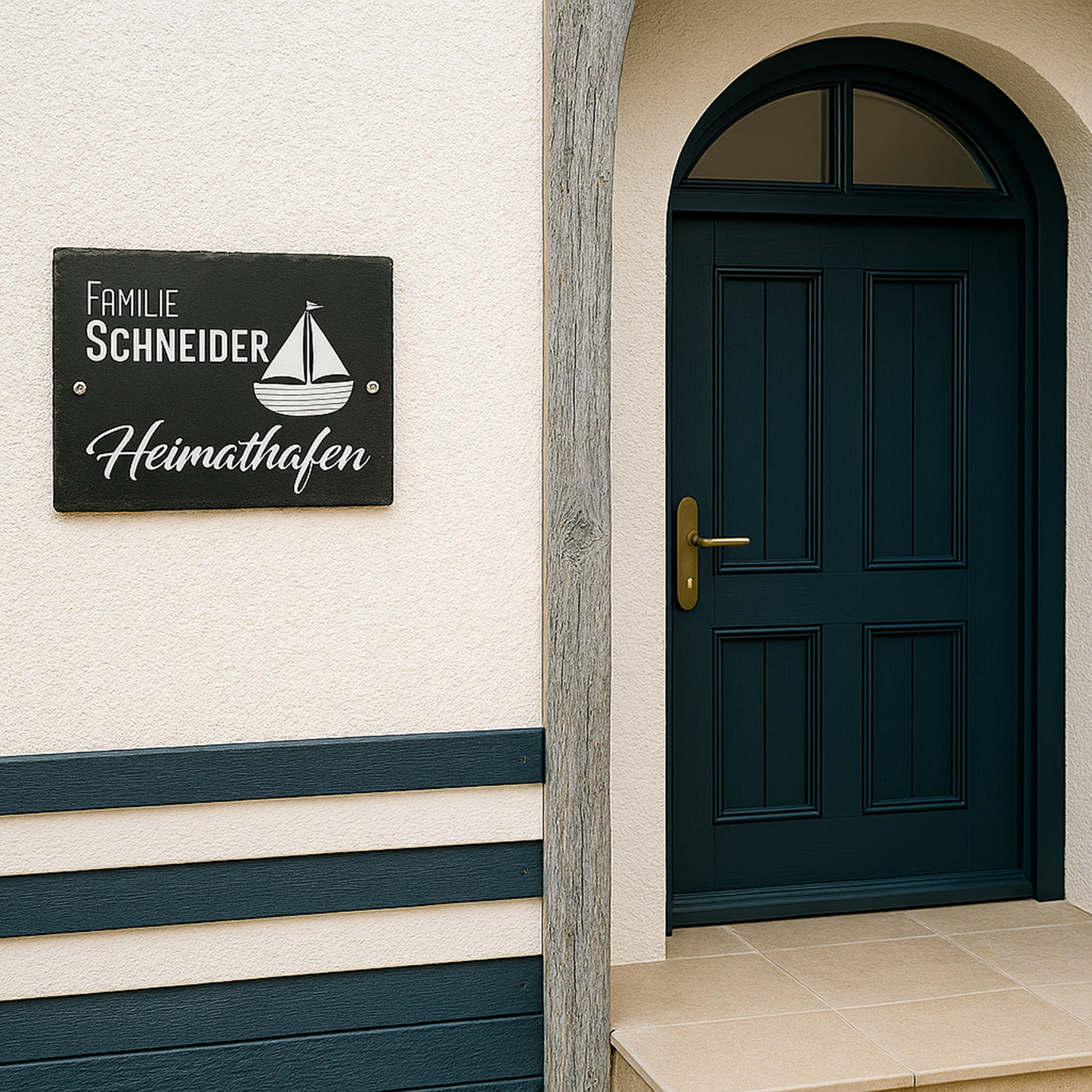 Türschild personalisiert mit Namen aus Schiefer - Motiv "Heimathafen"