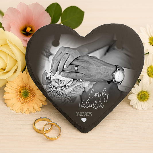 Personalisiertes Schieferherz zur Hochzeit – mit Gravur, Foto & Wunschtext