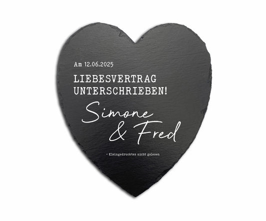 Personalisiertes Schieferherz zur Hochzeit - "Liebesvertrag"