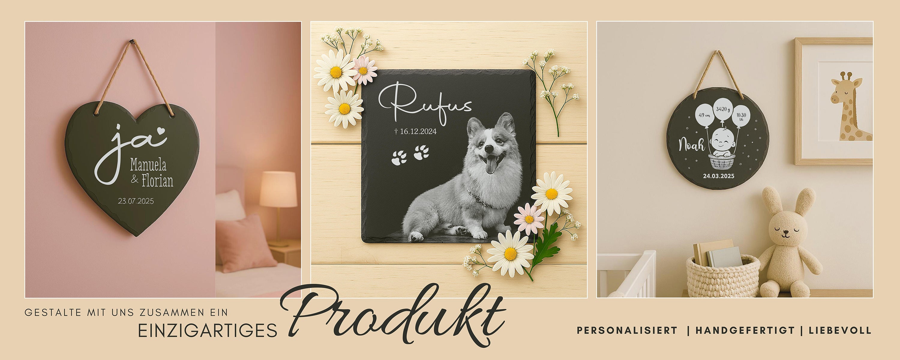 Drei personalisierte Schiefertafeln mit Namen, Daten und Blumenmotiven auf hellem Holzuntergrund als Geschenk und Andenken