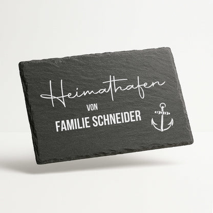 Maritimes Türschild personalisiert mit Namen aus Schiefer - Heimathafen