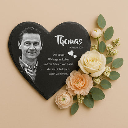 Herz Gedenktafel personalisiert mit Foto und Wunschtext ab 15x17 cm