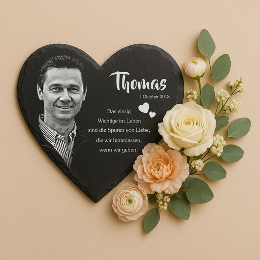 Herz Gedenktafel personalisiert mit Foto und Wunschtext ab 15x17 cm