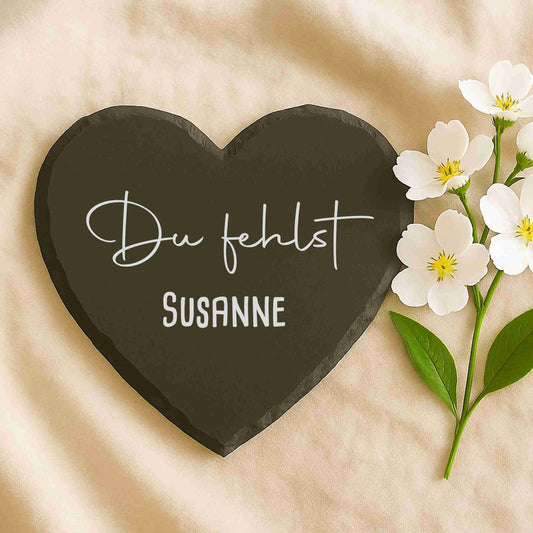 Kleine Schieferherzen mit Namen und Spruch personalisiert - "Du fehlst"